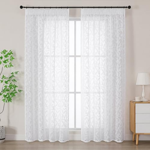 Simplebrand Leah Weiß Lichtdurchlässig Clip Jacquard Voile Ausbrenner Gardine mit Blätter Muster transparenter Vorhang mit Kräuselband Wohnzimmer Gardinenschals B140xH183cm Weiß 2 St