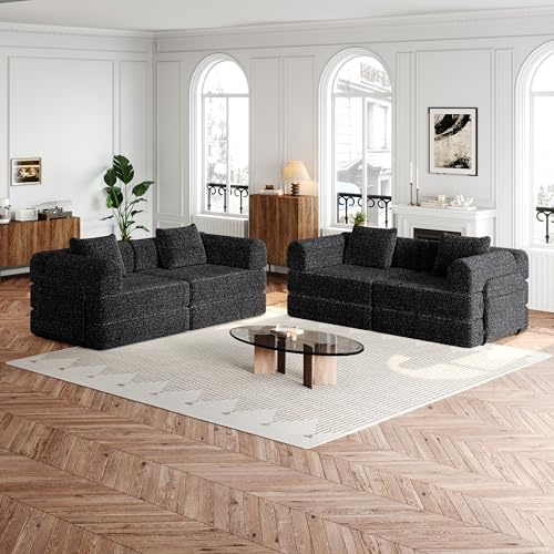 Cilee 183 cm hopfällbar bäddsoffa, 4-sits konvertibel loveseat sovsoffa, futon bäddsoffa, bekväm golvsoffa med förvaringsficka och kuddar, kärlekssätmöbler för vardagsrum, Chenille, svart