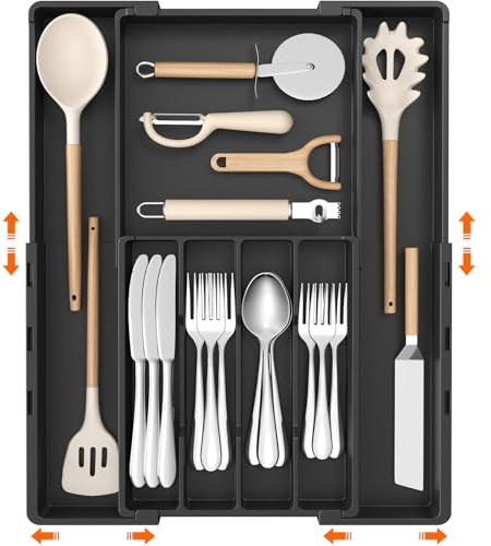 Lifewit Silverware Drawer Organizer, Expandable Utensil Tray for Kitchen, BPA Free Flatware and Cutlery Holder, Adjustable Plastic Storage for Spoons Forks Knives, 4-7 Slots, Black