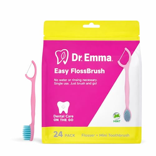 Cepillos de Dientes Desechables Pack 24 – Mini Cepillos de Dientes de Viaje Envueltos Individualmente con Hilo Dental y Menta – Cepillo Dental Portátil sin Agua ni Pasta – Color Rosa