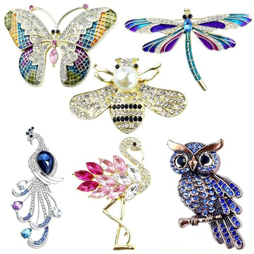 AYUMAL Tier Gestalten Kristall Brosche, Vintage Brosche Damen, 6 Stück | Biene Pfau Libelle Eule Schmetterling Flamingos Brosche, für Kleidungsdekoration Partytreffen mit Freunden