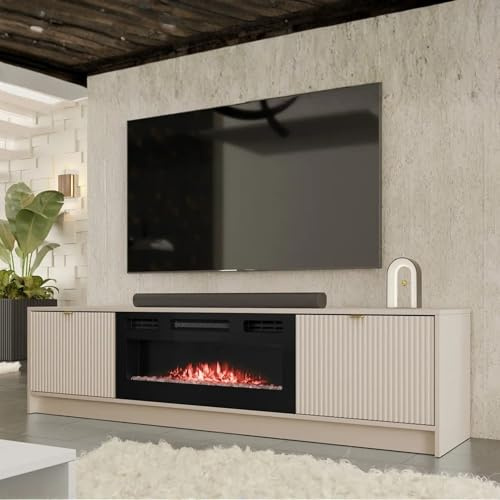 FURNIPOL TV Stand Cabinet with Electric Fireplace TIRENO EF MDF Laminated Board Grooved Doors Modern Unit for Living Room Decor Sand Beige