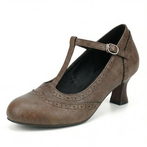Générique Femmes T-Strap Mary Jane Escarpins Bout Rond Brogue Détail Perforé Talon Moyen Chaussures Robe Boucle Cheville Vintage Fête
