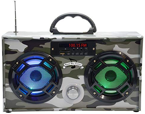 Wireless Express - Mini Boombox with LED Speakers – Retro Bluetooth Speaker w/Enhanced FM Radio - Perfect for Home and Outdoor (Green Camo)
