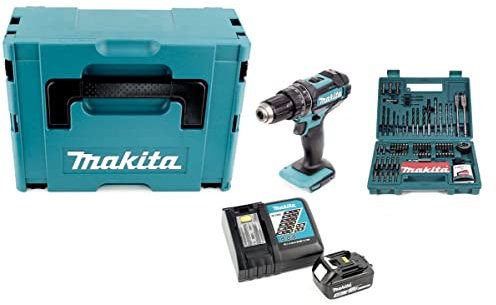 Makita DHP 482 RF1J Perceuse-visseuse à percussion sans fil 18 V 62 Nm en coffret Makpac + batterie 3,0 Ah + chargeur + kit d'embouts et de forets 100 pièces