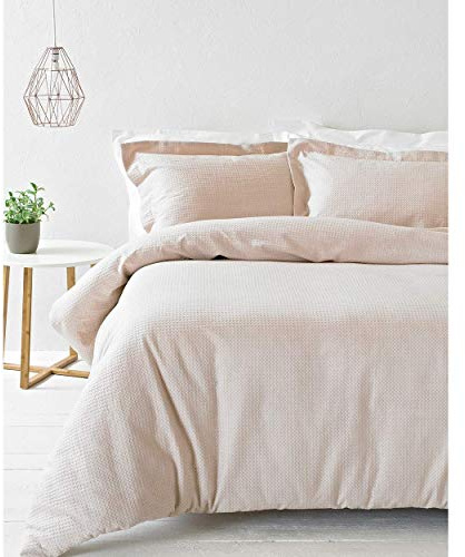 Riva Home Paoletti Double Duvet Cover Set Blush Pink Waffle Weave Texture 2 x Oxford Border Pillowcases Included 100% Cotton Machine Washable 200 x 200cm (79 x 79 inches) | 100% cotton waffle weave with a soft textured finish