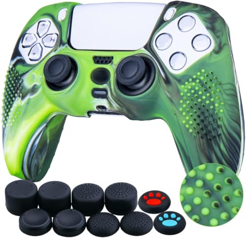 YoRHa Studded Silikon Hülle Abdeckungs Haut Kasten für PS5 Controller x 1 (Tarnung Grün) Mit Pro aufsätze thumb grips x 10