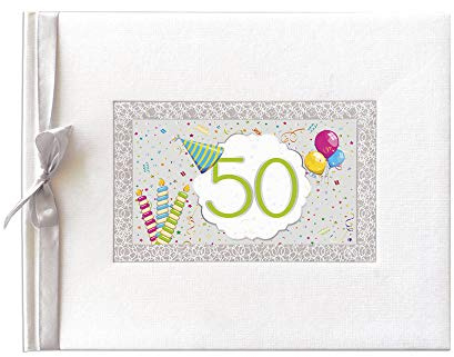 Libro de Firmas 50 Cumpleaños – Tapa Dura con Marco Festivo y Lazo | Papel Natural 160g | 64 Páginas para Mensajes, Recuerdos y Huellas | Regalo Emotivo para Fiesta | Arguval