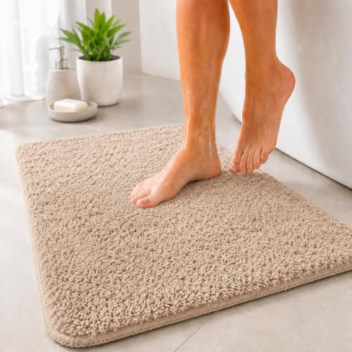 Floordirekt Badematte Sky - Badezimmerteppich - Weicher, dichter Hochflor - Rutschhemmend & Schnell trocknend - Geeignet für Fußbodenheizung - Eckig & Rund (60 x 100 cm, Beige)