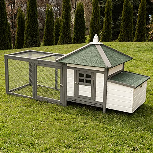 Miweba MyAnimal Hühnerstall MH-19 | 206x73x123 cm - Für 3 Hühner - Nistkasten mit Freilaufgehege - 2 Sitzstangen - Winterfest - Hühnerhaus mit Eiablage - Kiefernholz - Voliere (Grau/Weiß)