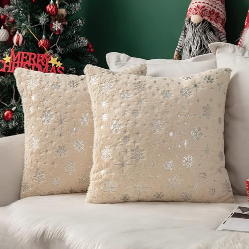 MIULEE 2er Set Kissenbezüge Weihnachten Kuschelkissen Flauschig Schneeflocken Dekokissen Sofakissen Plüschkissen Fellkissen Couchkissen Kissenhülle Zierkissenbezug für Wohnzimmer 50x50 cm Beige