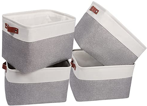 Univivi Large Storage Boxes, Fabric Storage Basket Set of 4 with Leather Handles, Storage Baskets for Shelves, Foldable Baskets for Toys, Clothes, Office Products and Other Sundries (White/Grey)