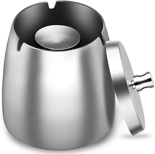 Aschenbecher Edelstahl mit Deckel Schwerer Aschenbecher Sturm-Wind Rutschfestem Basis für Draußen und Innen Silber für Zigaretten-Reste und Asche in Garten Bar Büro (Silber)