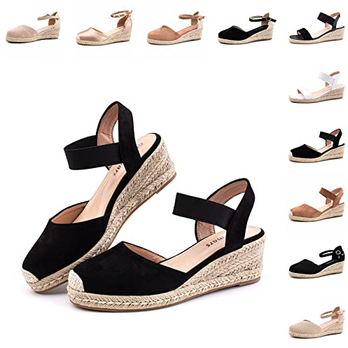 Hitmars Plateau Sandalen Damen Keilsandalen Espadrilles für Keilabsatz Absatz Wedges Geschlossene Espandrillos Sommerschuhe Frauen Schwarz Größe 40 EU