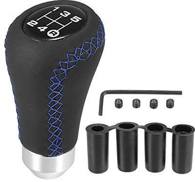X AUTOHAUX Black Universal 5 Speed Car Gear Shift Knob PU Leather Blue Stitches