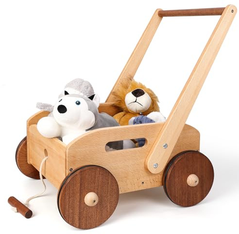 Woodtoe Wooden Baby Walker, Adjustable Speed Baby Push Walker, Montessori Push Toys for Babies Learning to Walk, Educational Walking Toys Gift for Toddler Boys Girls 1 2 3 Years Old