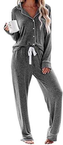 Aamikast Schlafanzug Damen Lang Pyjama Sets mit Knopfleiste Zweiteiliger Nachtwäsche Hausanzug