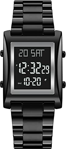 TONSHEN Herren Edelstahl Digital Uhren LED Elektronik Outdoor Multifunktional Doppelte Zeit Countdown Alarm Stoppuhr Sportuhr Armbanduhr (Schwarz 2)