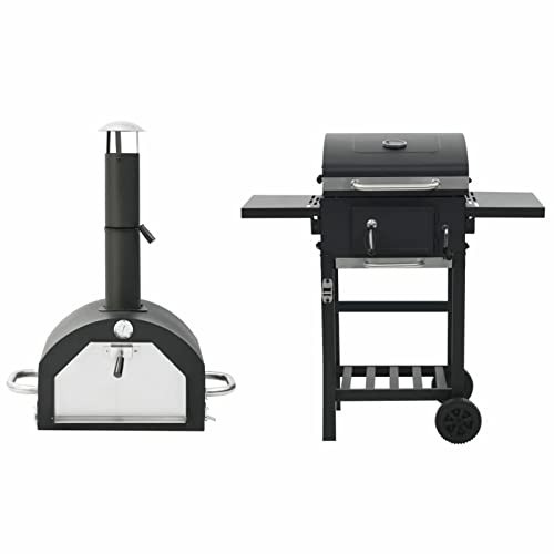 Tidyard Forno per Pizza e Barbecue 3-in-1 Nero,Griglia per Barbecue a Carbone+Forno+Camino+Piastre per Grigliare+Pietra di Cottura per Pizza