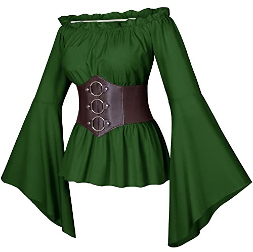 Womens Renaissance Victorian Peasant Ruffle Smocked Waist Boho Pirate Shirt Blouse with Belt Set(Green 2XL)