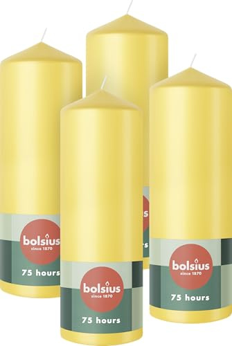 Bolsius Glatte Stumpenkerzen - Gelb - 4 Stück - 20 x 7 cm - Dekorative Haushaltkerzen - Länge Brenndauer 75 Stunden - Unparfümierte - Enthält Natürliches Pflanzenwachs - Ohne Palmöl