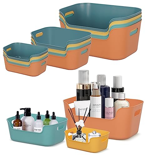 12 Pcs Multiple Colour Organiser Storage Baskets, Plastic Storage Boxes, Kitchen Cupboard Organiser Boxes for Bathroom, Cupboard, Office, School, Home, Big/Medium/Small Size Stackable Organiser