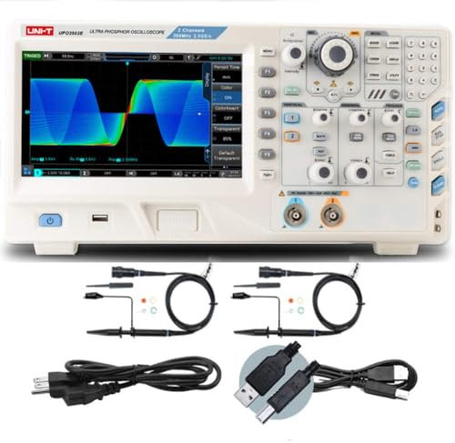 UNI-T Osciloscopio digital de fósforo UPO3502E con 2 canales, velocidad de muestra de 2,5 GSa/s en tiempo real, 250 Mpts, ancho de banda de 500 MHz