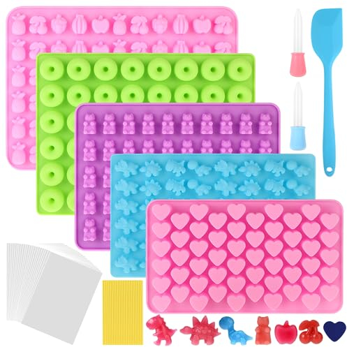 5 Pezzi Stampi in silicone per Caramelle, Stampi per Orsetti Gommosi con 2 Contagocce, Spatola, 50 Sacchetti di Caramelle e Lacci, per Fare Gommose, Caramelle, Cioccolato e Piccoli Cubetti di Ghiaccio
