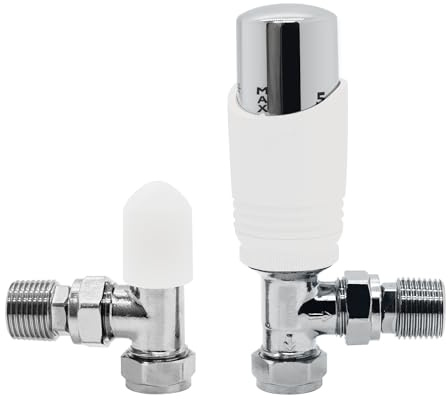 VANCOCO 1/2×15mm Angled Thermostatic Radiator Valve with Lockshield Valve, Energy Saving Modern TRV H62 Brass Pair Radiator Thermostat Valves for Radiator Central Heating(White+Chrome)