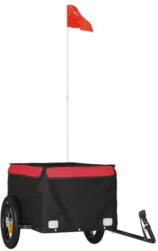 vidaXL Bicycle Trailer Wagon - Black and Red Iron Cargo Carrier with 30 kg Load Capacity, Tow Bar and Safety Flag Included