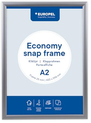 Europel Economy Klapprahmen, A2, Farbe Silber, Profil 25 x 11 mm, für Poster 42 x 59,4 cm, eloxiertes Aluminium, Antireflexfolie, Anzeige von Werbung, Hotel, Büro, Restaurant, Speisekarten