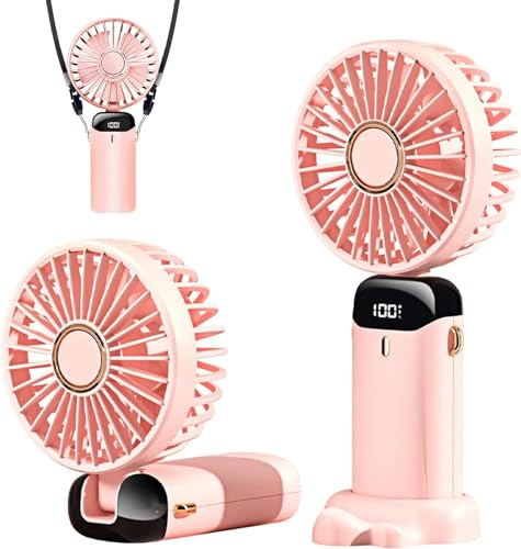 Deyaah Handheld Fan, 4200mAh Mini Portable Fan USB Rechargeable, 5 Speeds Desk Desktop Fans with LED Display for Travel, Outdoor, Home, Office, School, Camping (Pink)