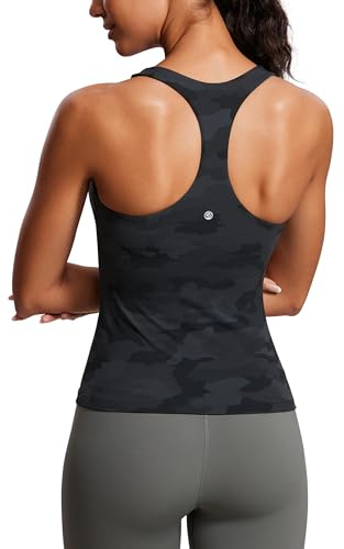CRZ YOGA Butterluxe Workout Racerback Tank Tops for Women - Padded Athletic Spandex Yoga Shirts with Built in Bra Dark Grey Camouflage 2 Small