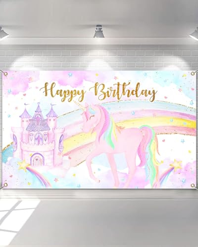 Avezano Einhorn-Schloss, Geburtstags-Hintergrund für Mädchen, Regenbogen-Einhorn-Banner, Dekorationen, Prinzessinnen-Geburtstag, Banner, Partyzubehör, 180 x 100 cm