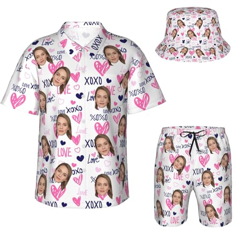 Naispanda Custom Hawaiian Set with Face, Personalized Funny Hawaiian Shirt, Custom Shirts, Short and Bucket Hat, Customized Gifts for Men Women