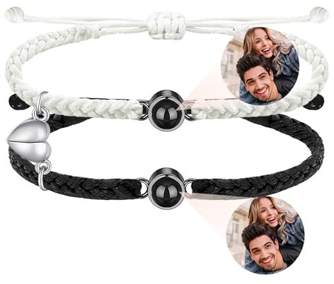 Easycosy Personalisiertes Projektions Armband mit Foto, maßgeschneidertes Pärchen Armband mit Herzähanger, Projektion Partnerarmbänder Foto Bild im Stein - Weinachtsgeschenke für Partner Paare