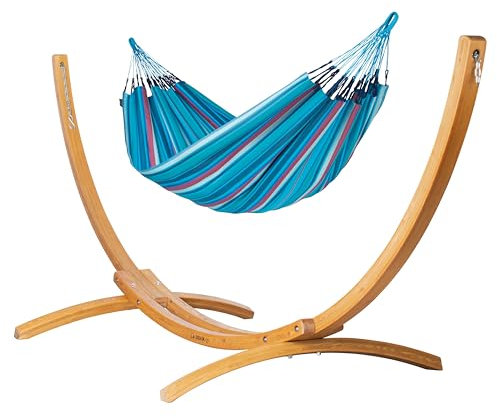 LA SIESTA® Brisa Hängematte & Holzgestell - Wetterfeste Outdoor Indoor Hängematte mit Gestell aus Holz, Hängemattengestell für Balkon Garten - Doppel Hängematte mit Gestell für 2 Personen - Wave