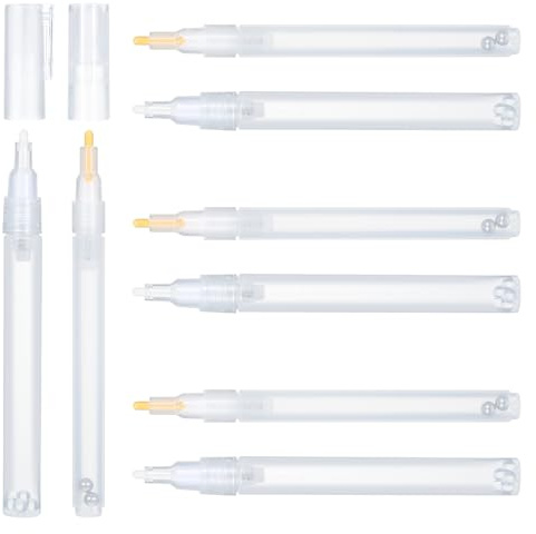 Gjinxi 6 Pcs Refillable Paint Pen Empty Marker, Clear White Acrylic Permanent Empty Paint Marker, Round Tilted Flat Head Refillable Paint Pen for Ceramics, Glass, Graffiti, Stone, Art, DIY