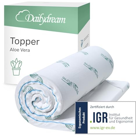 Dailydream Topper viscoelástico para colchón de 140x200, Grosor 3,5cm, Sobrecolchón Memory Foam, Edition Aloe Vera, Model S, Cubrecolchón de Espuma, Espuma viscoelástica, Espuma Memoria, Topper Sofa
