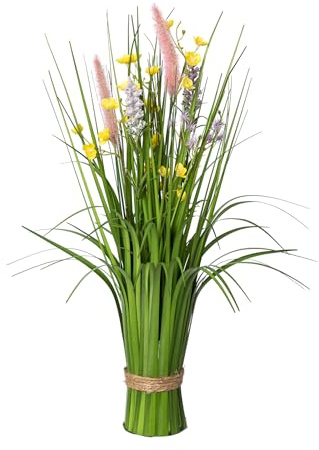 CREATIV green künstlicher Stehgras-Busch mit bunten Blüten 48cm I künstlicher Grasbusch als Frühlingsdeko I Ziergras Osterdeko I hochwertige & dekorative Kunstgräser