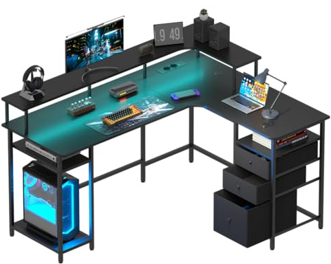 Msutree L-förmiger Gaming-Schreibtisch mit Regalen, USB und Stechdosen, 150cm, 55cm breiter Tischplatte, erhöhtem Monitoraufsatz, 3 Schubladen, RGB-Beleuchtung ideal für Büro & Home-Office