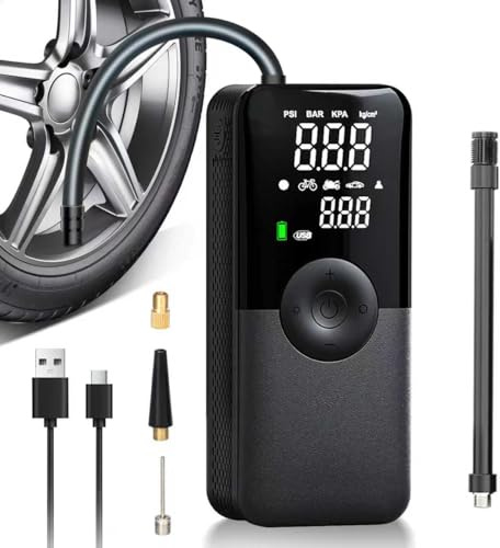 Tyre Inflator Portable Air Compressor, 150PSI Cordless Tyre Inflator Schrader & presta valves, Fast Inflation, 5200 mAh, LED Light, Pressure Gauge, a Power Bank for Car/Bicycle/Motorcycle/Ball/Custom