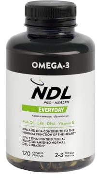 NDL Pro-Health Omega 3 ad alta concentrazione di EPA e DHA I Olio di Pesce | Puro e sostenibile I Vitamina E I Supporto Antiossidante I 120 Capsule I Un marchio di Rafa Nadal & Cantabria Labs