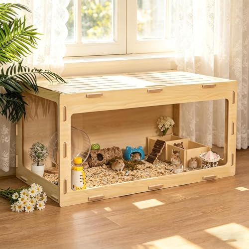Kleiner Tierkäfig mit klappbarem Deckel Indoor Freilaufgehege holzerner Hamsterkäfig Acrylfenster für Sicht geeignet für Meerschweinchen, Hamster, Schildkröten (Einzeltür)