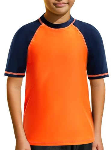 MASOCIO Camiseta Proteccion Solar Niño UV UPF 50+ Camiseta Baño de Manga Corta Traje Camiseta Agua Surf Niño Secado Rapido para Natacion Piscina Playa 9-10 Años Naranja Azul Marino