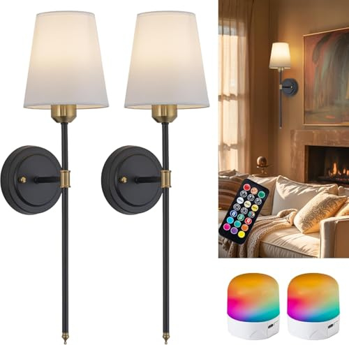 FTL Rechargeable Wall Lights Set of 2 - Black Battery Operated Wall Lights Indoor, Fabric USB Cordless Wall Sconces with Remote and RGB Dimmable Charging Bulbs for Living Room Hallway, Battery Powered