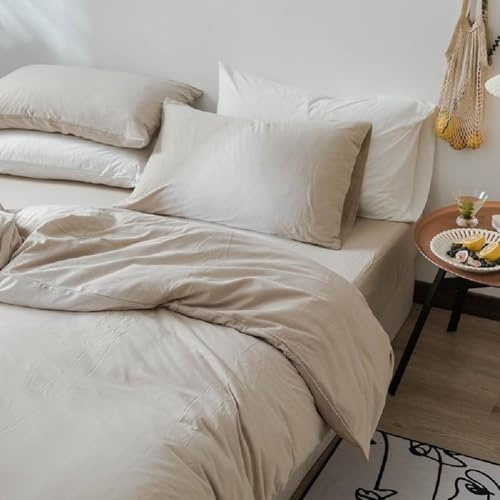 Boho Beige Duvet Cover Jersey Knit Cotton Bedding Duvet Cover Set Full Size Solid Color 3 Pieces Bedding Set Apricot Khaki Comforter Cover with Zipper Closure Soft Breathable Farmhouse Bedding Set