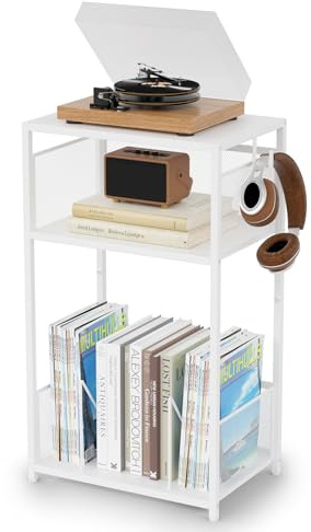 Aduanbang 3 Tier End Table,Record Player Stand with Storage Up to 100 Albums,Turntable Stand for Vinyl,White Records Shelf for Living Room Bedroom