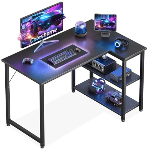 Coleshome L Shaped Gaming Desk, 100x70 cm Computer Desk, Corner Office Desk with Reversible Storage Shelves, Writing Study Table for Work Play Home Office, Black