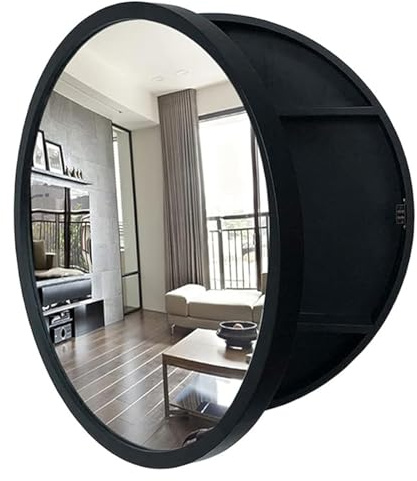 CVERTHAF Mueble de baño Redondo de Pared con Espejo, Color Negro, Madera y Nogal, Espejo de Maquillaje Redondo de 50 cm, Elegante y Funcional.
